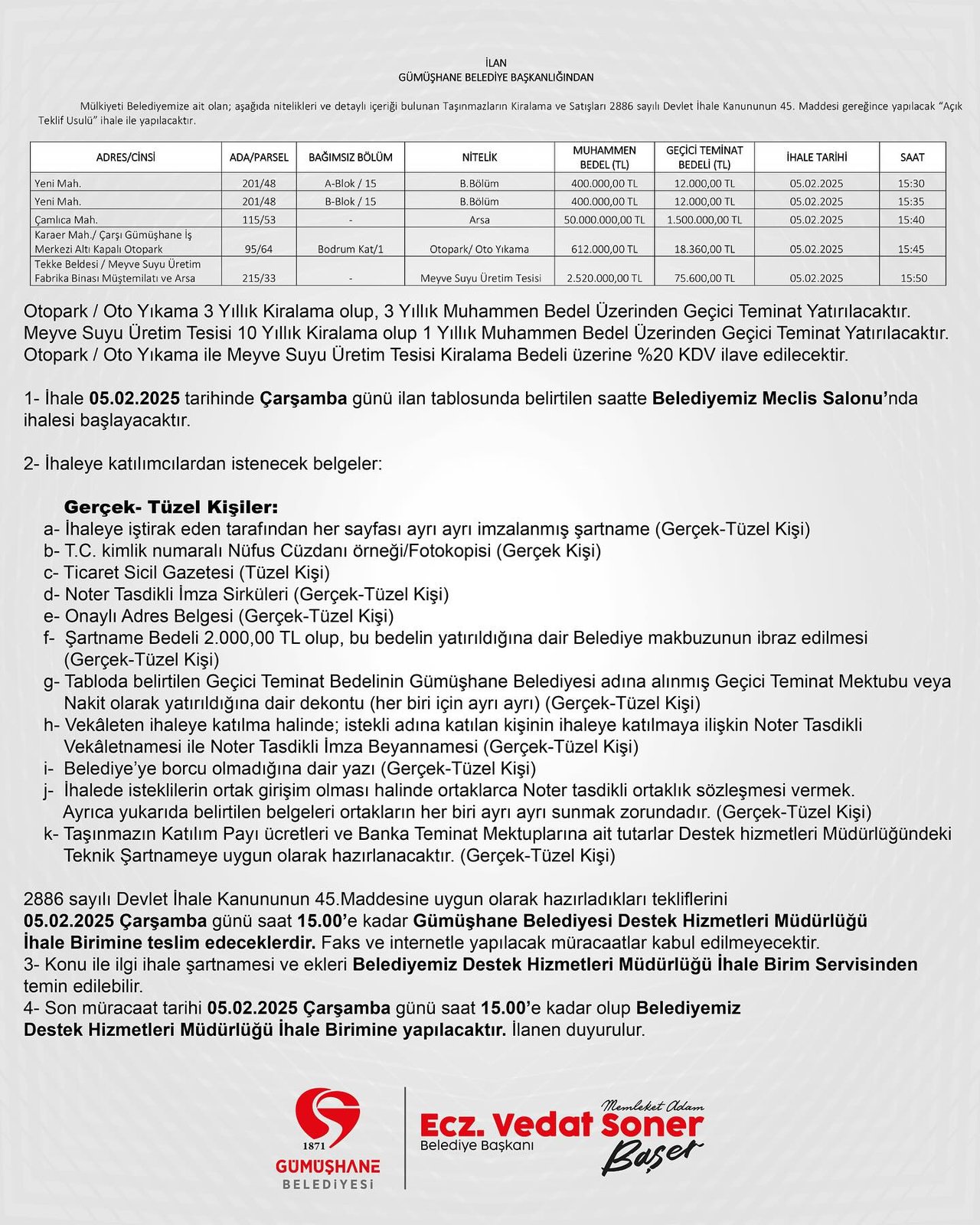 BELEDİYEMİZDEN, AÇIK TEKLİF USULÜ İHALE YAPILACAKTIR