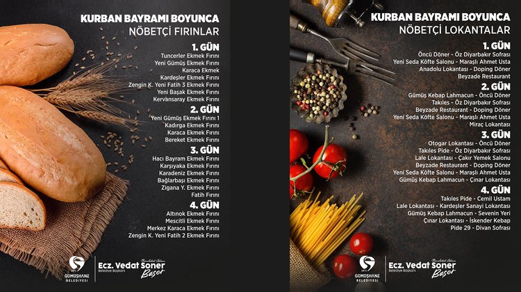 KURBAN BAYRAMI BOYUNCA NÖBETÇİ FIRIN VE LOKANTALARIMIZ HİZMETTE OLACAKTIR