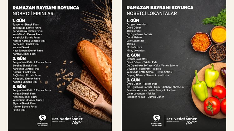 RAMAZAN BAYRAMI BOYUNCA NÖBETÇİ FIRIN VE LOKANTALARIMIZ HİZMETTE OLACAKTIR