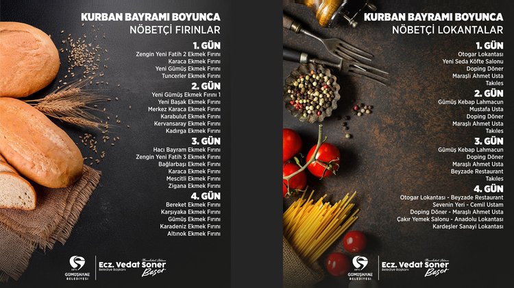 TÜM VATANDAŞLARIMIZIN DİKKATİNE KURBAN BAYRAMI BOYUNCA NÖBETÇİ FIRIN VE LOKANTALAR
